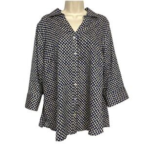 Foxcroft Top Womens 14W Shaped Wrinkle Free Button Up Polka Dot Blue Beige 14